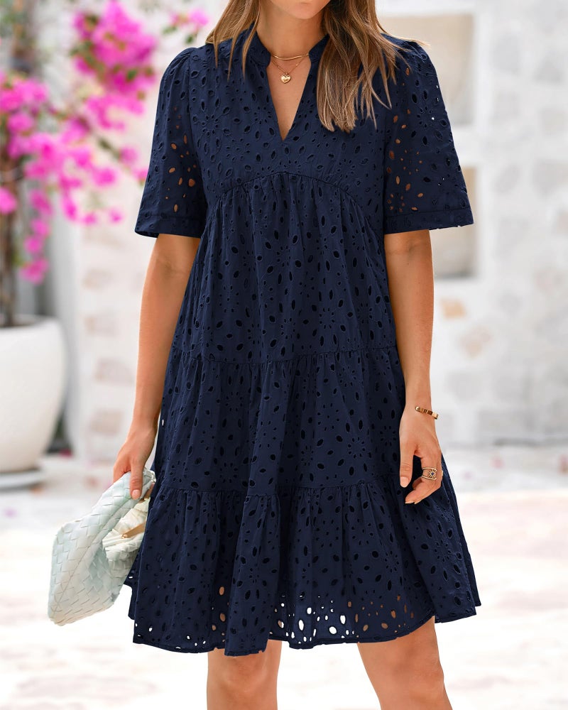 BTFBM Womens Boho Summer Dresses 2026 Spring V Neck Short Sleeve Hollow Out Lace Ruffle Casual Beach Mini Vacation Dress(Navy, X-Large) - Image 2