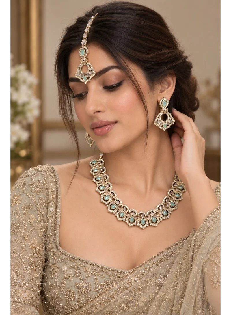Lehar Mint Green Kundan Scallop Necklace Set with Earrings & Maang Tikka - Indian Bridal Jewelry