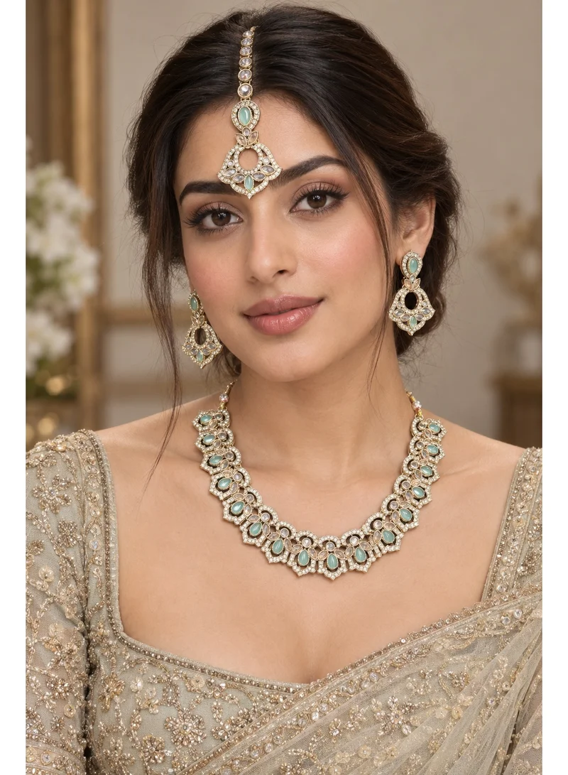 Lehar Mint Green Kundan Scallop Necklace Set with Earrings & Maang Tikka - Indian Bridal Jewelry