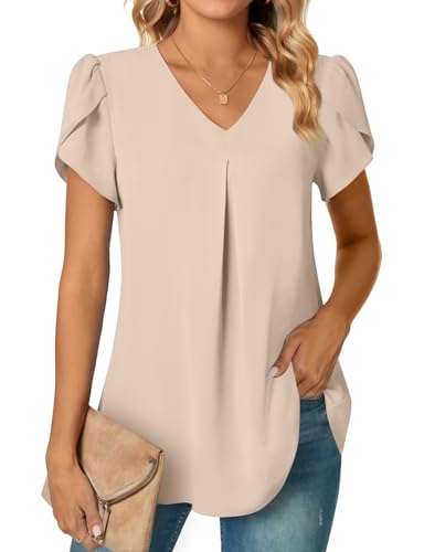Anyally Women's Plus Size Summer Tunic Tops Dressy Casual Chiffon Blouses Short Sleeve T-Shirts for Leggings, 2XL Khaki - Image 1