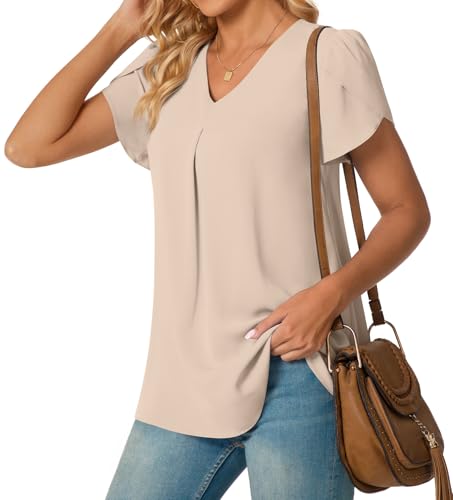 Anyally Women's Plus Size Summer Tunic Tops Dressy Casual Chiffon Blouses Short Sleeve T-Shirts for Leggings, 2XL Khaki - Image 2