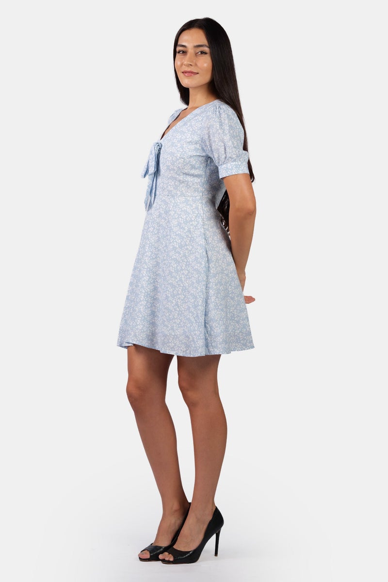 Virgio All Over Print Viscose Tie-Up Puff Sleeve Midi Dress for Women - Image 2