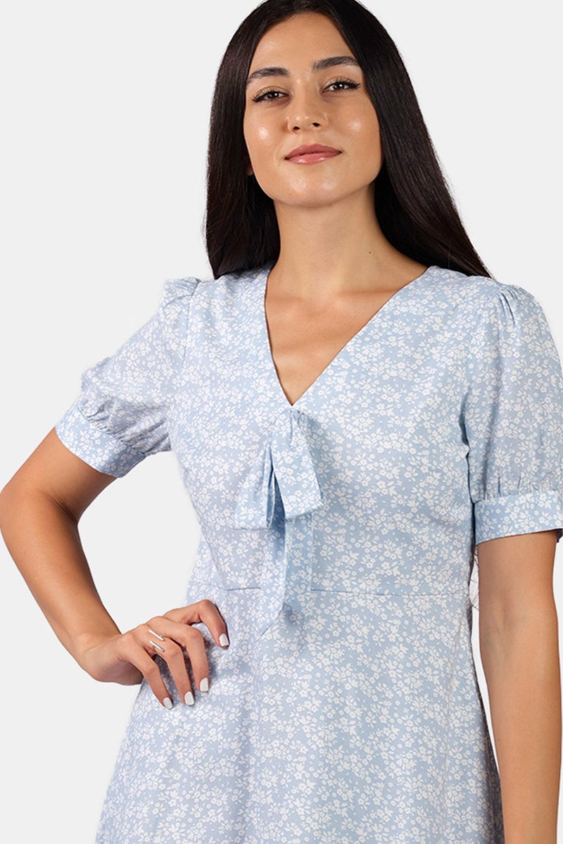 Virgio All Over Print Viscose Tie-Up Puff Sleeve Midi Dress for Women - Image 4
