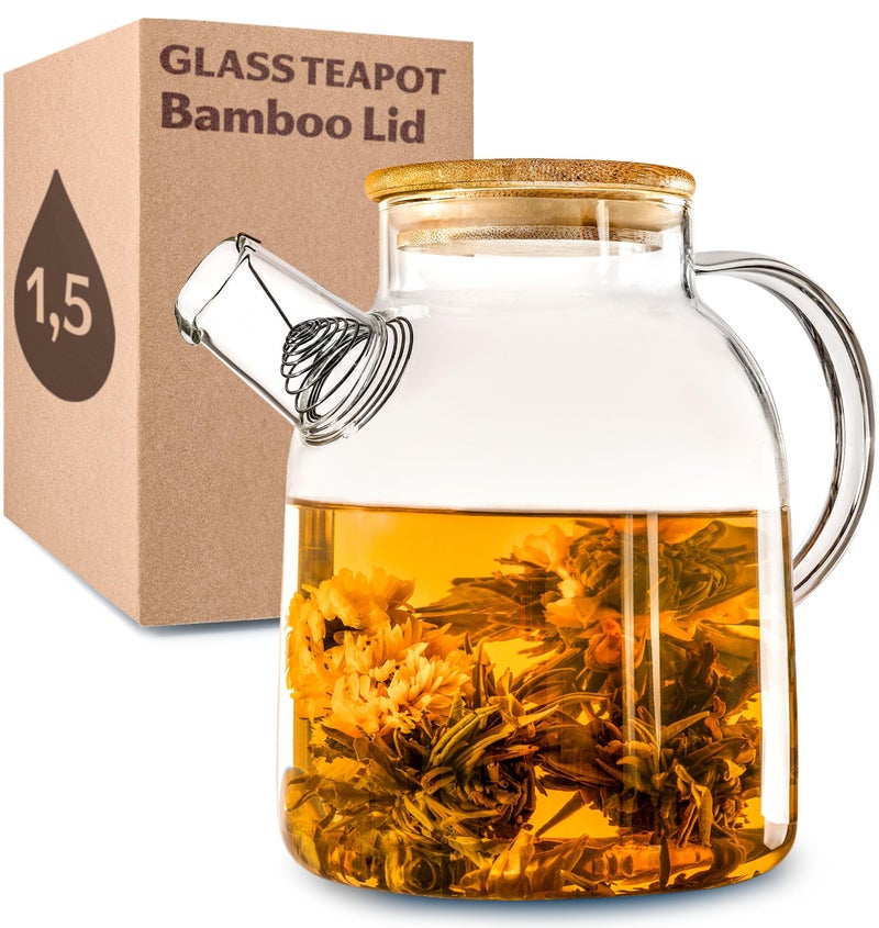 Cosumy Glass Teapot 1500ml  Large Teapot with Spout Strainer for Loose Leaf Tea  53 Oz with Bamboo Lid  Heat Resistant Jug  Dishwasher Safe  Stovetop Safe