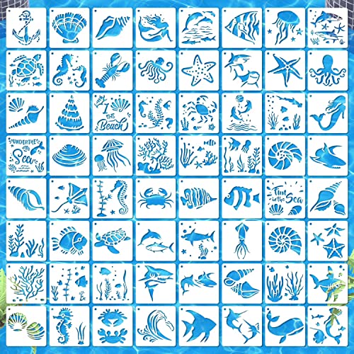 eageus 64 Pieces Stencils for Painting, Small Reusable Sea Life Mermaid Stencil, Art Craft Template for Painting on Wood, Wall, Fabric, Rock, Chalkboard, Sign, DIY Art Scrapbook Projects(Ocean) - Image 1
