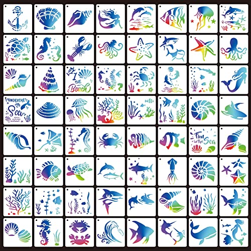 eageus 64 Pieces Stencils for Painting, Small Reusable Sea Life Mermaid Stencil, Art Craft Template for Painting on Wood, Wall, Fabric, Rock, Chalkboard, Sign, DIY Art Scrapbook Projects(Ocean) - Image 5