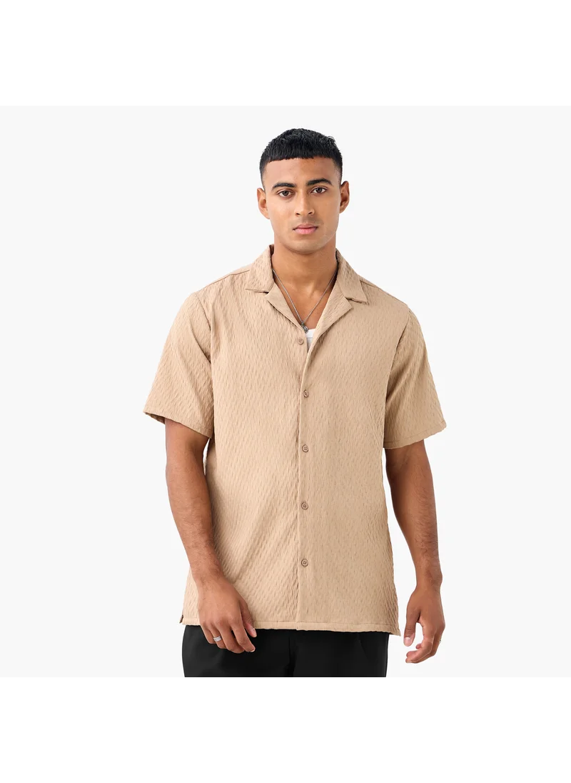 FAV Regular Fit Dobby Textured Shirt with Camp Collar and Short Sleeves