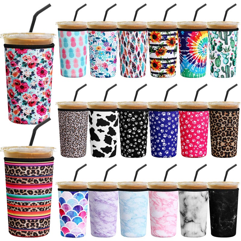 Irenare 20 Pcs Reusable Iced Coffee Sleeve Neoprene Insulator Cup Sleeve for Cold Beverages Cups Neoprene Holder for Cold and Hot Drinks Fits Coffee Cups2224ozColorful