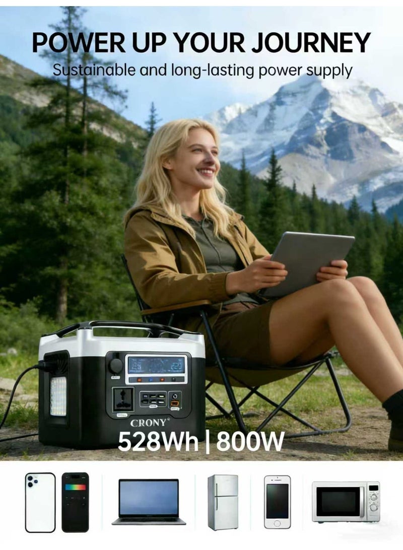 كروني محطة طاقة محمولة BS800+ بقدرة 800 واط وسعة 528 واط/ساعة - شحن سريع خلال 7-8 ساعات، منافذ متعددة (منفذ تيار متردد 220 فولت/USB-C/5 منافذ USB-A/3 منافذ تيار مستمر/منفذ ولاعة سجائر)، مصباح LED وشاشة LCD، حماية أمان رباعية، مناسبة للتخييم في الهواء الطلق، والسفر بالمركبات الترفيهية، وانقطاع التيار الكهربائي المنزلي في حالات الطوارئ، والتصوير الجوي باستخدام الطائرات بدون طيار، وتزويد الأجهزة الصغيرة بالطاقة - Image 2