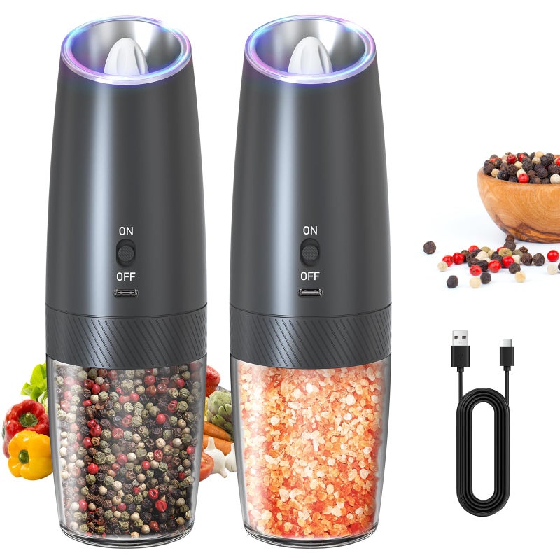 CIRCLE JOY Rechargeable Electric Salt and Pepper Grinder Set Gravity Salt and Pepper Mills Set with LED Light No Battery Needed Adjustable Coarseness Washable 135ml Container Black