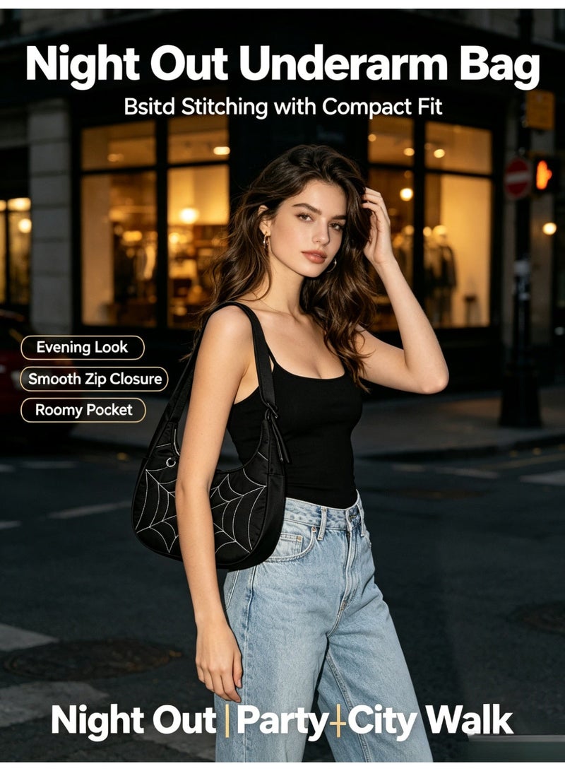 Cloovvie Gothic Spiderweb Hobo Shoulder Bag for Women, Y2K Trendy Underarm Purse with Adjustable Wide Strap, Multi Pockets Nylon Casual Daily Handbag for  Party Daily Travel - Image 3