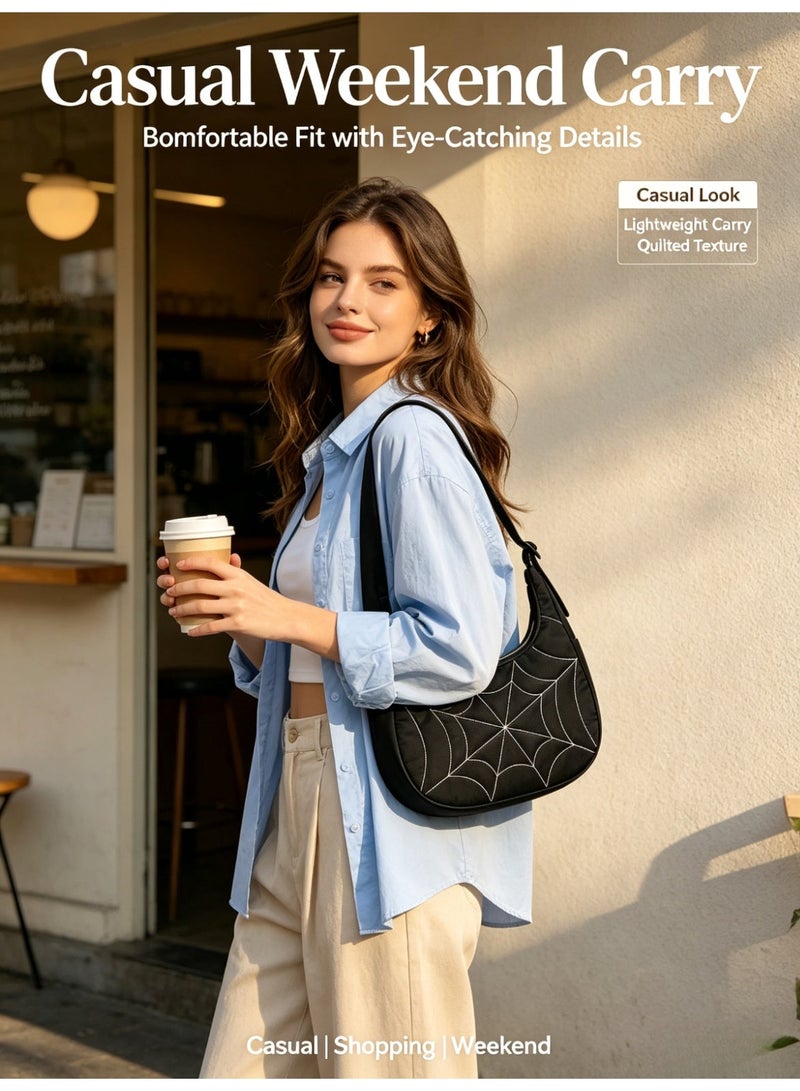 Cloovvie Gothic Spiderweb Hobo Shoulder Bag for Women, Y2K Trendy Underarm Purse with Adjustable Wide Strap, Multi Pockets Nylon Casual Daily Handbag for  Party Daily Travel - Image 2