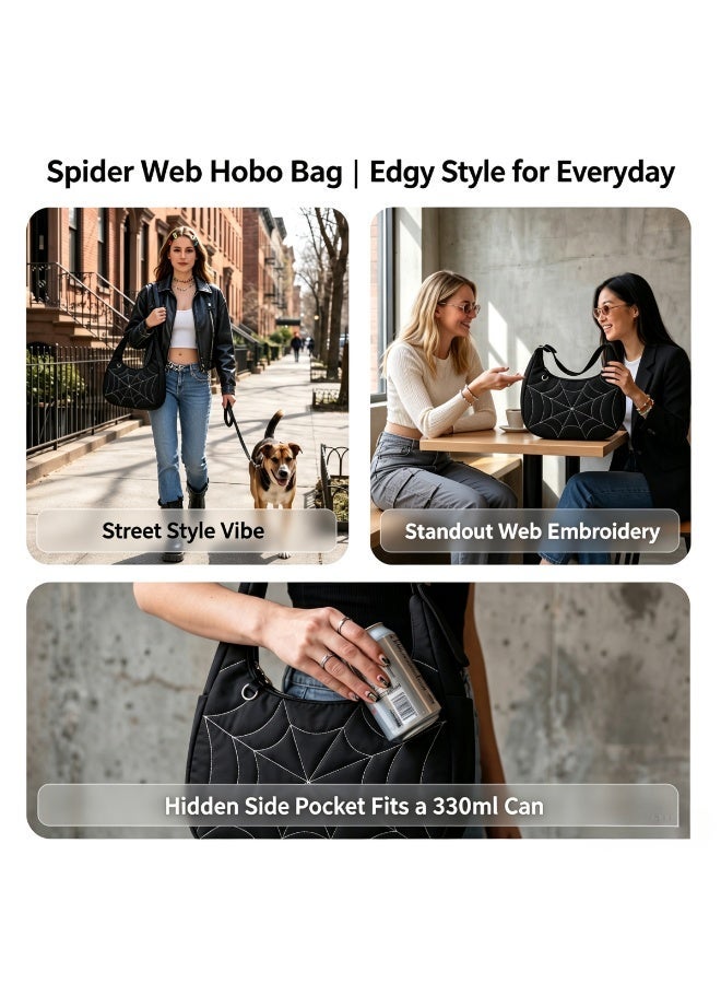 Cloovvie Gothic Spiderweb Hobo Shoulder Bag for Women, Y2K Trendy Underarm Purse with Adjustable Wide Strap, Multi Pockets Nylon Casual Daily Handbag for  Party Daily Travel - Image 4