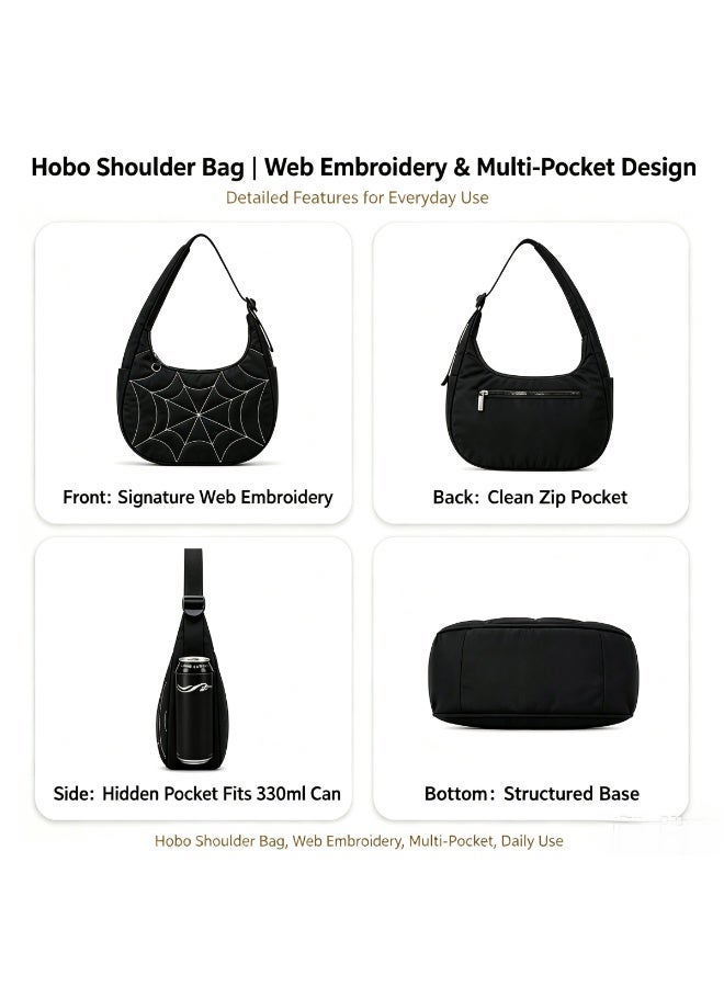 Cloovvie Gothic Spiderweb Hobo Shoulder Bag for Women, Y2K Trendy Underarm Purse with Adjustable Wide Strap, Multi Pockets Nylon Casual Daily Handbag for  Party Daily Travel - Image 5