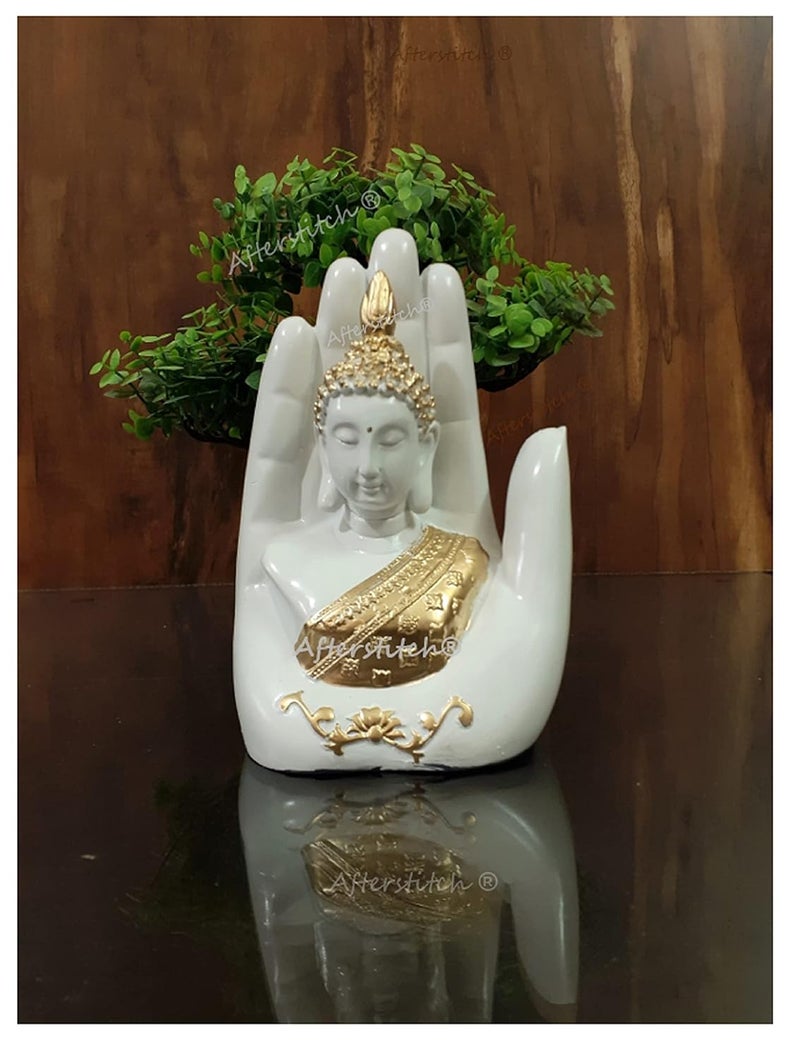 AFTERSTITCH Buddha Statues for Living Room Buddha Idols for Home Decor Buddha Showpiece Big Size White Golden Palm Hand Buddha for Garden Height 17 Cm Length 11 Cm Resin - Image 1
