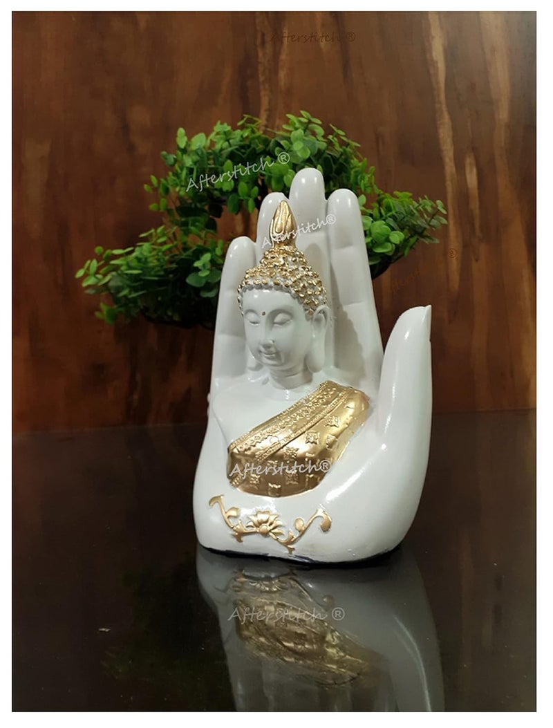 AFTERSTITCH Buddha Statues for Living Room Buddha Idols for Home Decor Buddha Showpiece Big Size White Golden Palm Hand Buddha for Garden Height 17 Cm Length 11 Cm Resin - Image 2