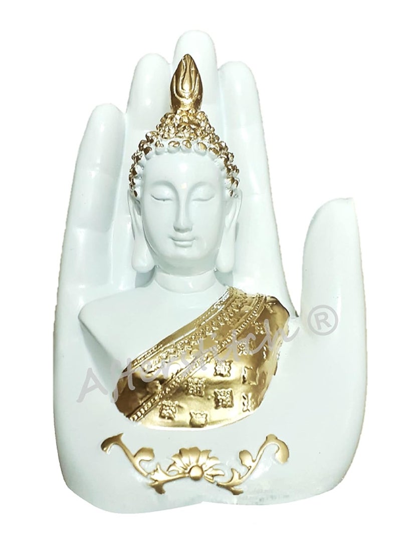 AFTERSTITCH Buddha Statues for Living Room Buddha Idols for Home Decor Buddha Showpiece Big Size White Golden Palm Hand Buddha for Garden Height 17 Cm Length 11 Cm Resin - Image 5
