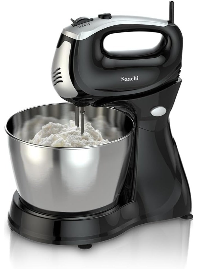 Sachi 2.5L Hand Mixer, 5-Speed + Turbo, Rotating Stainless Steel Bowl, 250W Motor, Chrome Finish, Dough Hooks & Beaters, Whisk & Knead Function - Image 1