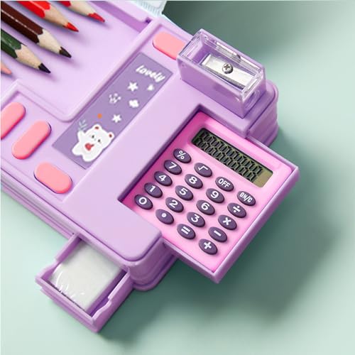 Ristpal Pop Up Multifunction Pencil Case Cute Cartoon Pen Box Organizer Stationery with Calculators Sharpener Schedule School Supplies Best Birthday Gifts for Kids Teens Purple - Image 3