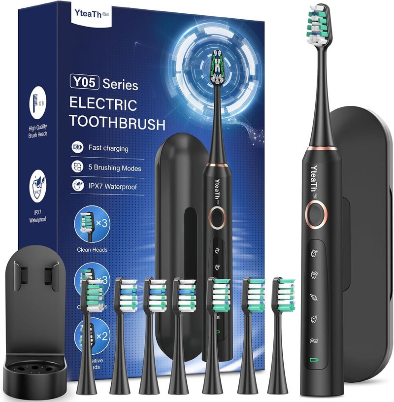 YTEATH PRO Sonic Electric Toothbrush for Adults - Sonic Toothbrush with 8 Brush Heads and Travel Case, 5 Modes, IPX7 Waterproof, Rechargeable Travel Electric Toothbrush, Black - Image 1