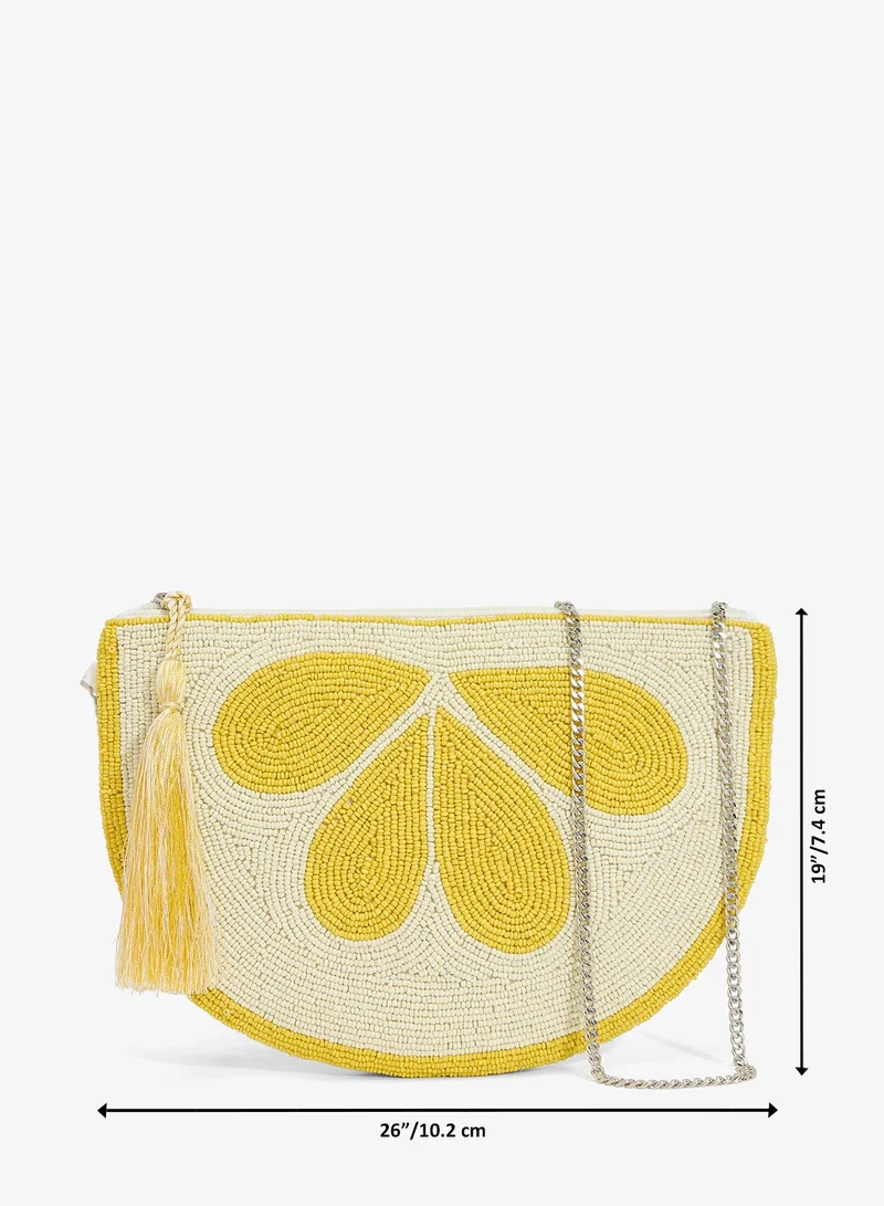 Ginger Boutique Yellow Embroidered Beaded Lemon Print Clutch for Women | Best Price UAE