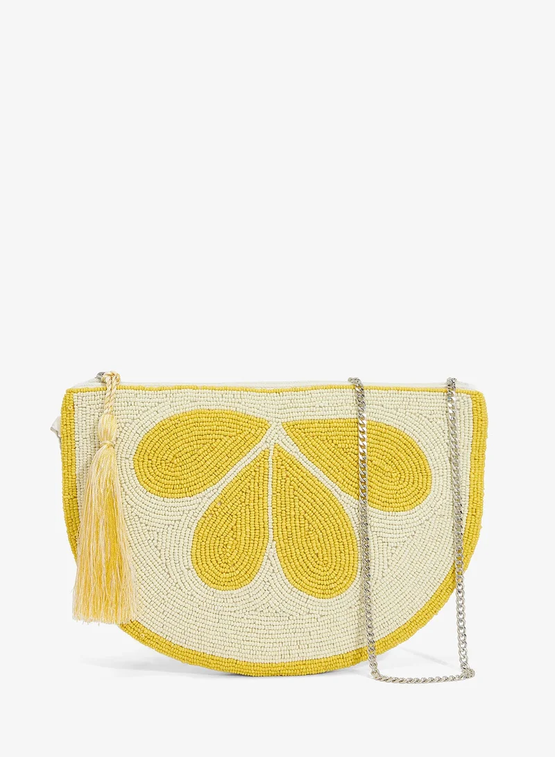 Ginger Boutique Yellow Embroidered Beaded Lemon Print Clutch for Women | Best Price UAE