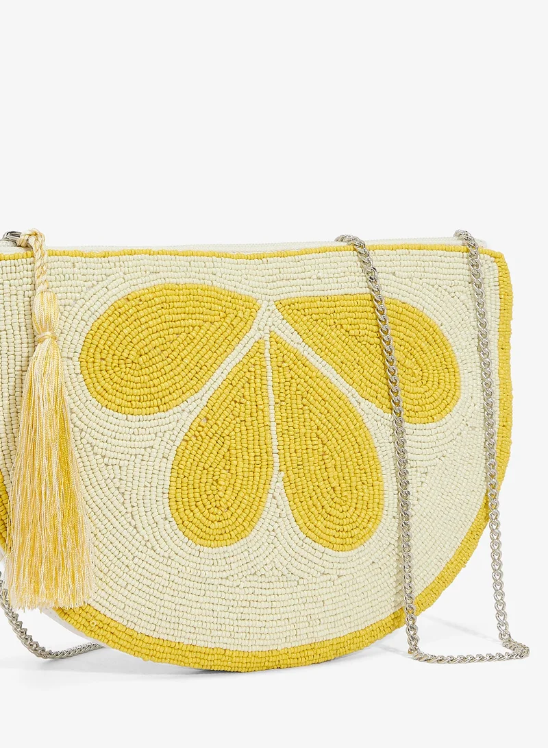 Ginger Boutique Yellow Embroidered Beaded Lemon Print Clutch for Women | Best Price UAE
