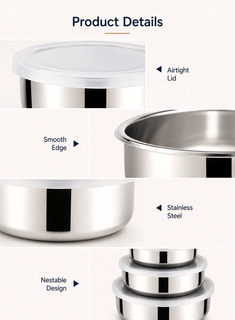 Noon East 5Pcs Stainless Steel Mixing Bowls with Airtight Lids, (310ml, 500ml, 690ml, 1L, 1.5L) Salad Bowls / Mixing Bowl / Food Storage Bowl for regular Kitchen use, Baking, Cooking, Meal Prep, Food Storage Organization, Dish Washer Safe, Stain Proof, BPA Free, Silver - Image 5