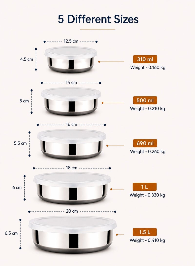 Noon East 5Pcs Stainless Steel Mixing Bowls with Airtight Lids, (310ml, 500ml, 690ml, 1L, 1.5L) Salad Bowls / Mixing Bowl / Food Storage Bowl for regular Kitchen use, Baking, Cooking, Meal Prep, Food Storage Organization, Dish Washer Safe, Stain Proof, BPA Free, Silver - Image 2