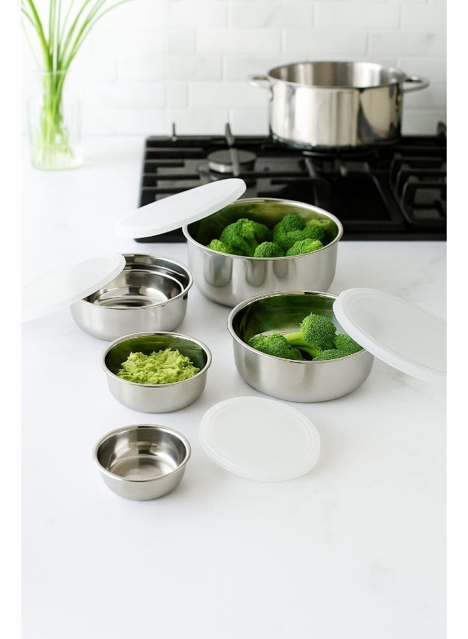 Noon East 5Pcs Stainless Steel Mixing Bowls with Airtight Lids, (310ml, 500ml, 690ml, 1L, 1.5L) Salad Bowls / Mixing Bowl / Food Storage Bowl for regular Kitchen use, Baking, Cooking, Meal Prep, Food Storage Organization, Dish Washer Safe, Stain Proof, BPA Free, Silver - Image 3
