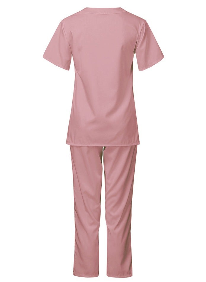 Medical Uniform Scrubs Set Fast Dry V-Neck Top and Loose Pants Suit Pink