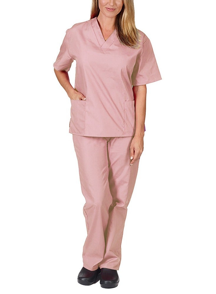 Medical Uniform Scrubs Set Fast Dry V-Neck Top and Loose Pants Suit Pink