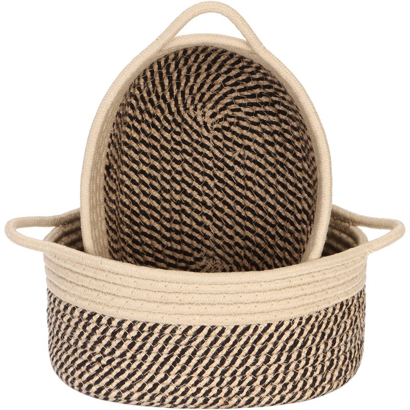 Sea Team 2-Pack Cotton Rope Baskets, 10 x 7 x 4 Inches Small Woven Storage Basket, Fabric Tray, Bowl, Oval Open Dish for Fruits, Jewelry, Keys, Sewing Kits (Mottled Flaxen & Khaki) - Image 1