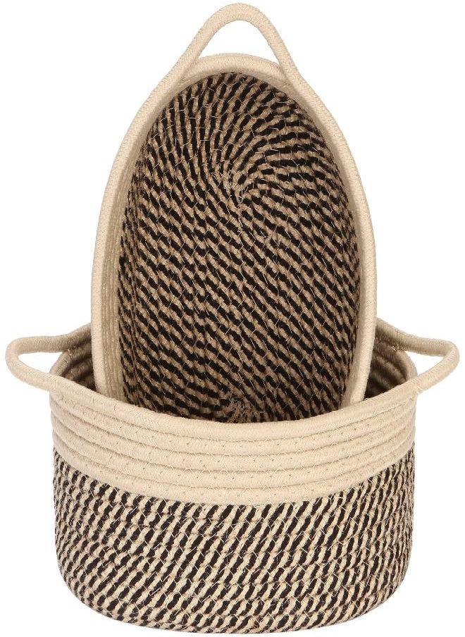 Sea Team Sea Team 2-Pack Cotton Rope Baskets, 10 x 7 x 4 Inches Small Woven Storage Basket, Fabric Tray, Bowl, Oval Open Dish for Fruits, Jewelry, Keys, Sewing Kits (Mottled Flaxen & Khaki)  - Image 1