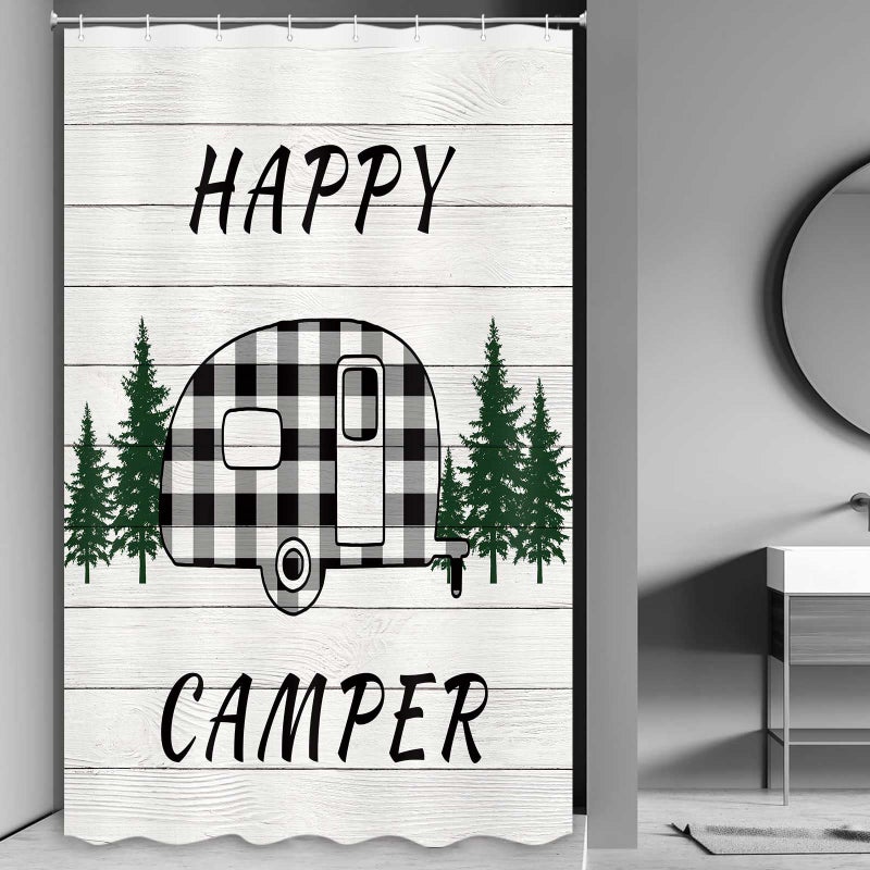 MERCHR Happy Camper RV Shower Curtain Buffalo Plaid Check Trailer with Trees On Farmhouse Rustic Gray Wooden Fabric Shower Curtain Accessories for Travel Trailers Bathroom Decor 47X64 Inches