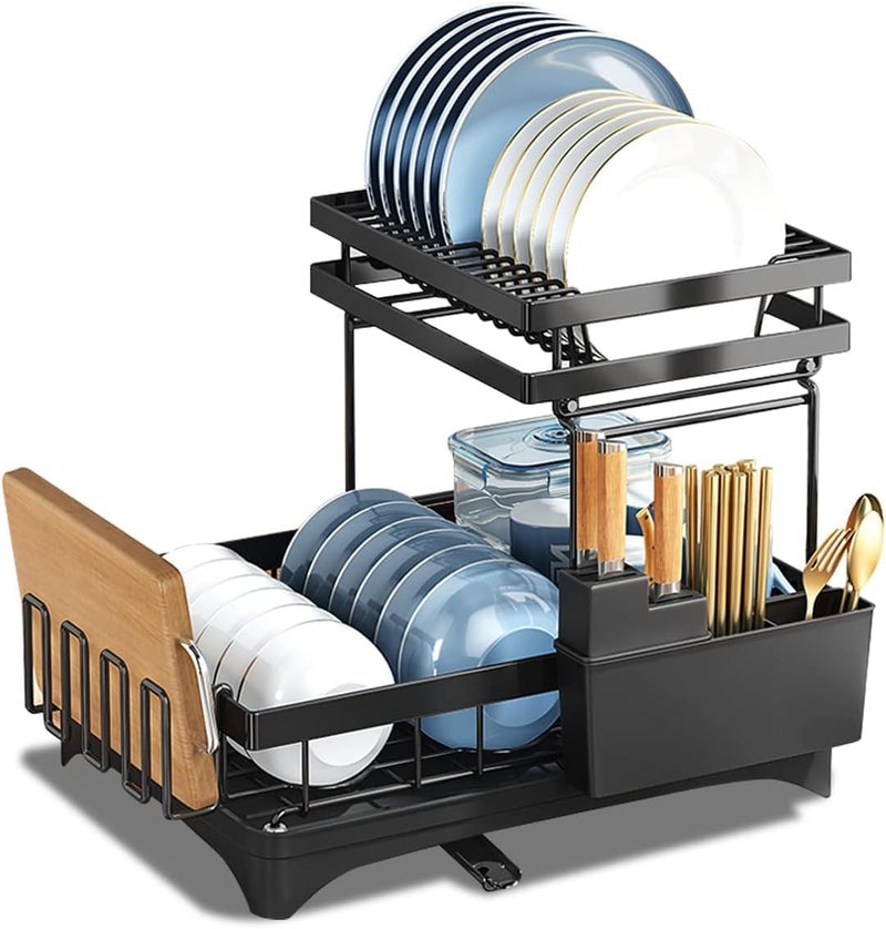 NYTRYD 2 Tier Dish Drainer Rack with Drip TrayDetachable Draining Board Rack Carbon Steel Dish Drainer Large Drying Dish Rack with Utensil Holder Cups Holder for Kitchen Counter - Image 1