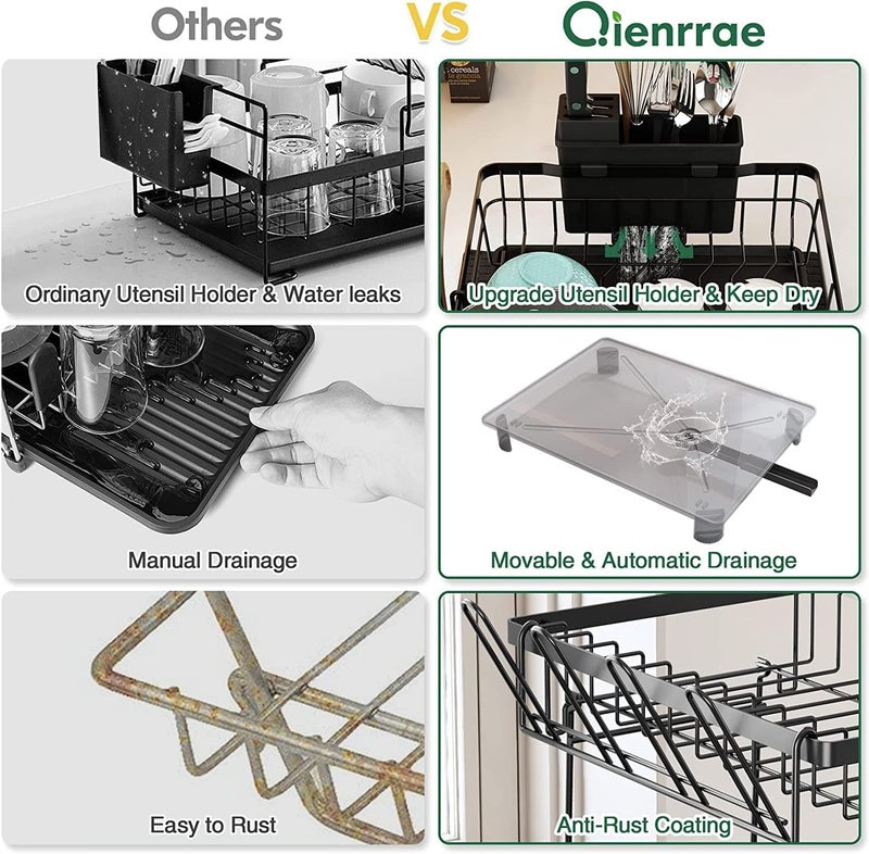 NYTRYD 2 Tier Dish Drainer Rack with Drip TrayDetachable Draining Board Rack Carbon Steel Dish Drainer Large Drying Dish Rack with Utensil Holder Cups Holder for Kitchen Counter - Image 3