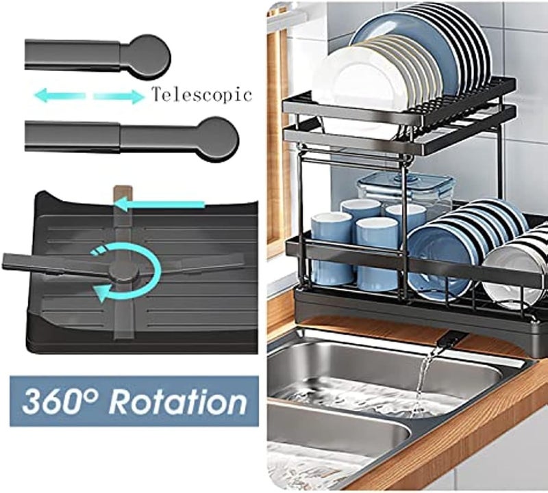 NYTRYD 2 Tier Dish Drainer Rack with Drip TrayDetachable Draining Board Rack Carbon Steel Dish Drainer Large Drying Dish Rack with Utensil Holder Cups Holder for Kitchen Counter - Image 4