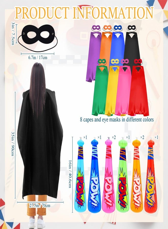 Lunmon 16 Pack Hero Capes with Masks and 17 Inch Pow Inflatable Baseball Bats for Halloween Hero Theme Birthday Party Favors Carnival Prizes Supplies Goodie Stuffers (8-color Set) - Image 2