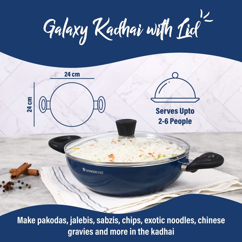 Wonderchef Galaxy Kadhai with Lid 24 cm, 2 litres, Midnight Blue, 2 Years Warranty - Image 5