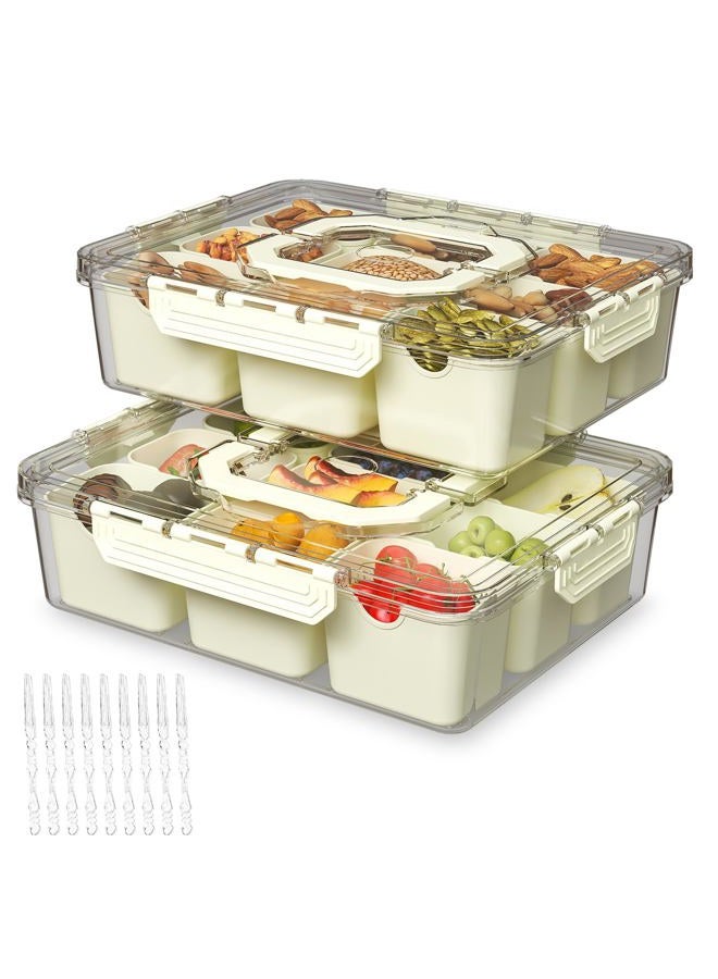 REBECAT Divided Serving Tray with Lid and Handles 9 Compartments Snack Box Container Charcuterie Organizer Snackle Box Container for Candy,Nuts，Fruits,Snacks,2 Pack,Beige - Image 1