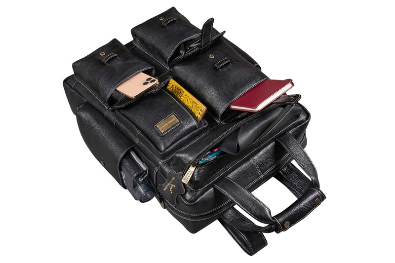 BRAND LEATHER Full Grain Buffalo - Hide Leather Backpack Large Capacity 17 Inch Laptop Bag Multi Pockets Travel Daypack (Black) - Image 3