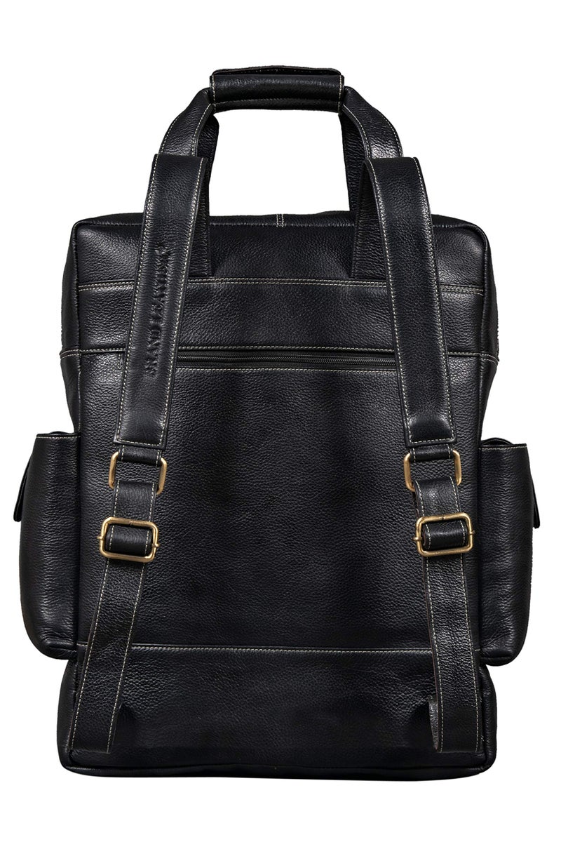 BRAND LEATHER Full Grain Buffalo - Hide Leather Backpack Large Capacity 17 Inch Laptop Bag Multi Pockets Travel Daypack (Black) - Image 2