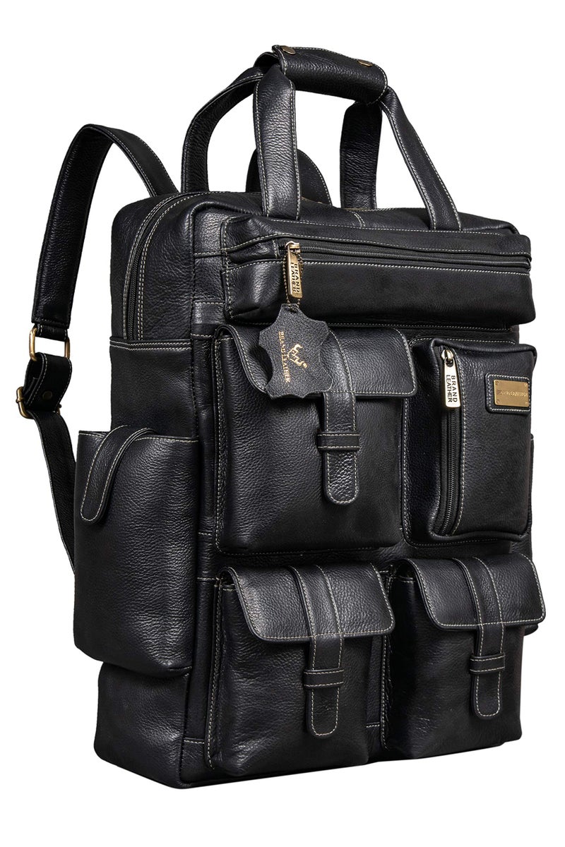 BRAND LEATHER Full Grain Buffalo - Hide Leather Backpack Large Capacity 17 Inch Laptop Bag Multi Pockets Travel Daypack (Black) - Image 1