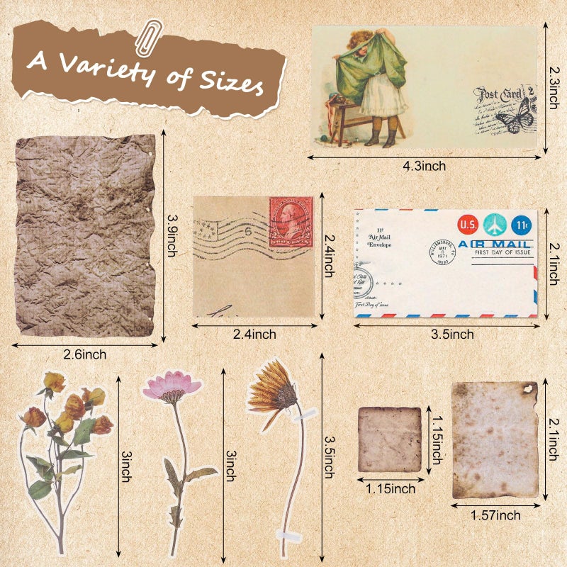Prudiut 445 Pcs Vintage Scrapbook Paper, Journaling Supplies Kit, Delicate Decorative Paper with Floral Stickers & Multi-Size Scrapbook Paper for Junk Journal, DIY Collage Art, Vintage Crafts - Image 2
