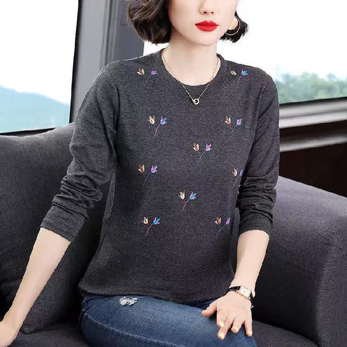 T-Shirt Mother'S Wear Creative Printed Round Neck Long-Sleeved Bottoming Shirt Spring & Fall Korean Style Belly-Covering Age-Reducing Large Size Slimming Look Top - Image 1