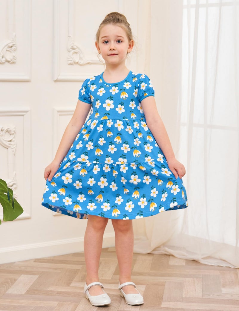 Bumeex Kids Girl's Summer Dresses Clothes Cotton Short Sleeve Casual Twirly Tiered Smocking Playwear Sundress Clothing Outfits with Pockets Blue Sunflower 8-9 Years - Image 4