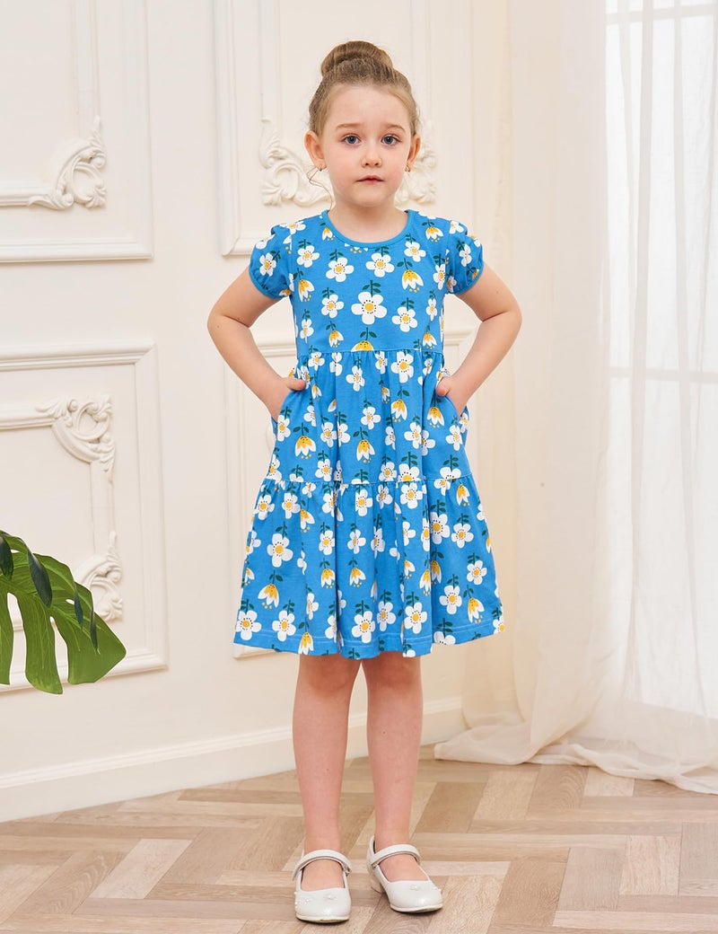 Bumeex Kids Girl's Summer Dresses Clothes Cotton Short Sleeve Casual Twirly Tiered Smocking Playwear Sundress Clothing Outfits with Pockets Blue Sunflower 8-9 Years - Image 3
