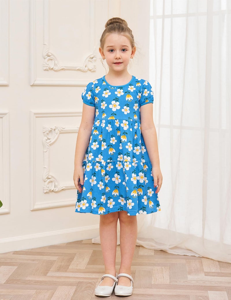 Bumeex Kids Girl's Summer Dresses Clothes Cotton Short Sleeve Casual Twirly Tiered Smocking Playwear Sundress Clothing Outfits with Pockets Blue Sunflower 8-9 Years - Image 2