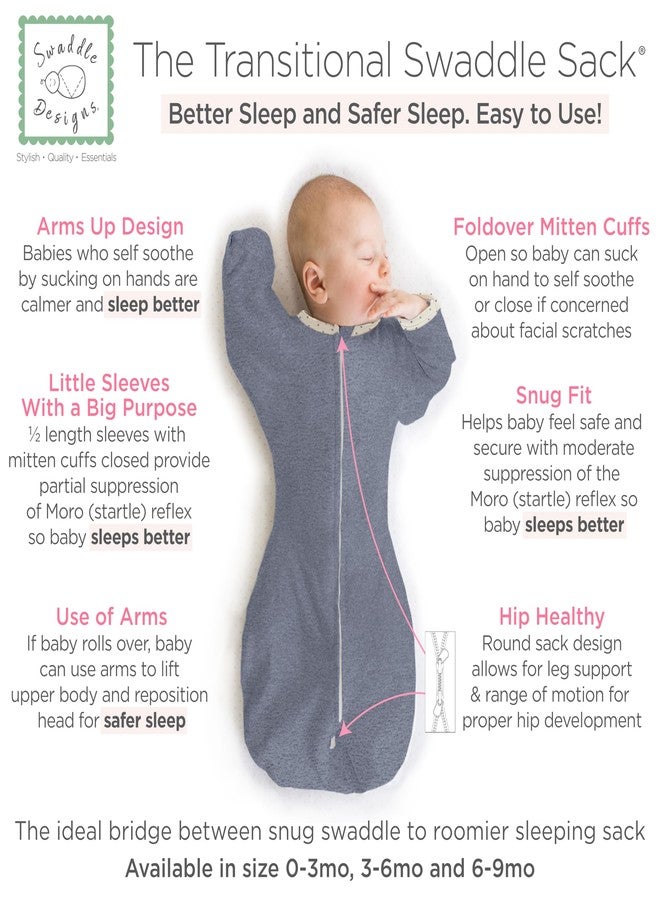 سوادل ديزاينز كيس لف الأطفال الانتقالي من SwaddleDesigns بأكمام نصفية وأساور على شكل قفازات، مصنوع من قماش الدنيم الممزوج بنقاط البولكا، صغير، من 0 إلى 3 أشهر، من 6 إلى 14 رطلاً (نوم أفضل، انتقال سهل إلى اللفافة) - Image 2